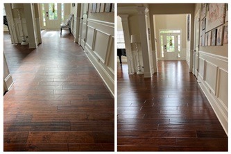 side by side comparison of hardwood floors before & after service
